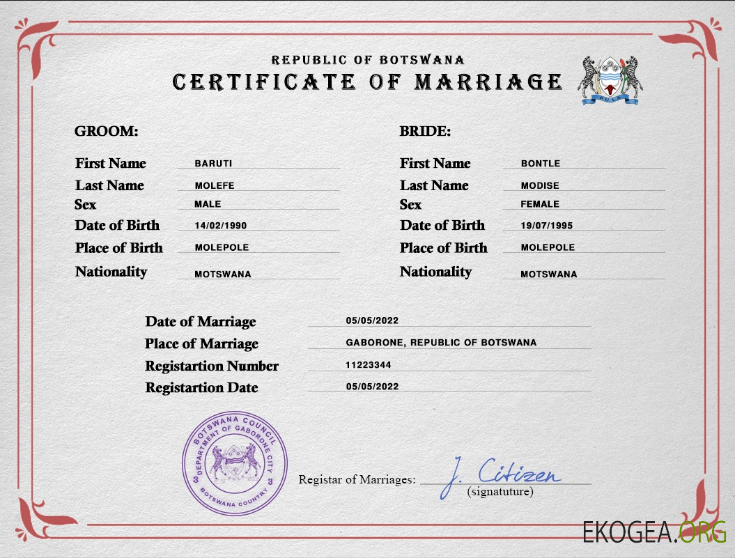 Modèle PSD de certificat de mariage du Botswana